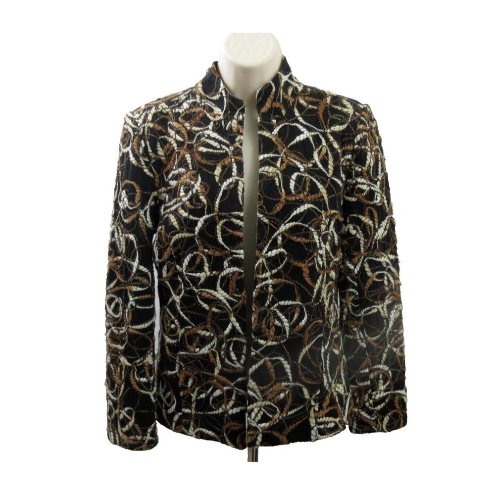 Joni B Womens Jacket Sz Medium Brown Black Embroidered Open Metallic Long Sleeve